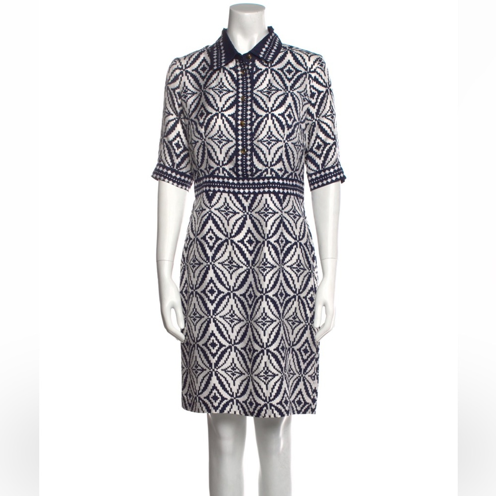 Silk Milly shirt dress, preppy printed navy blue and white, size 6
